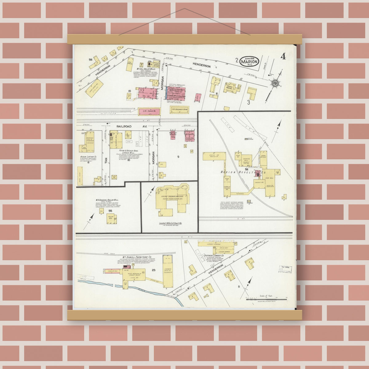 Old map wall art mockup — magnetic wood frame on brick wall — Sanborn Fire Insurance Map from Marion, Mcdowell County, North Carolina (1918), Sheet #0004