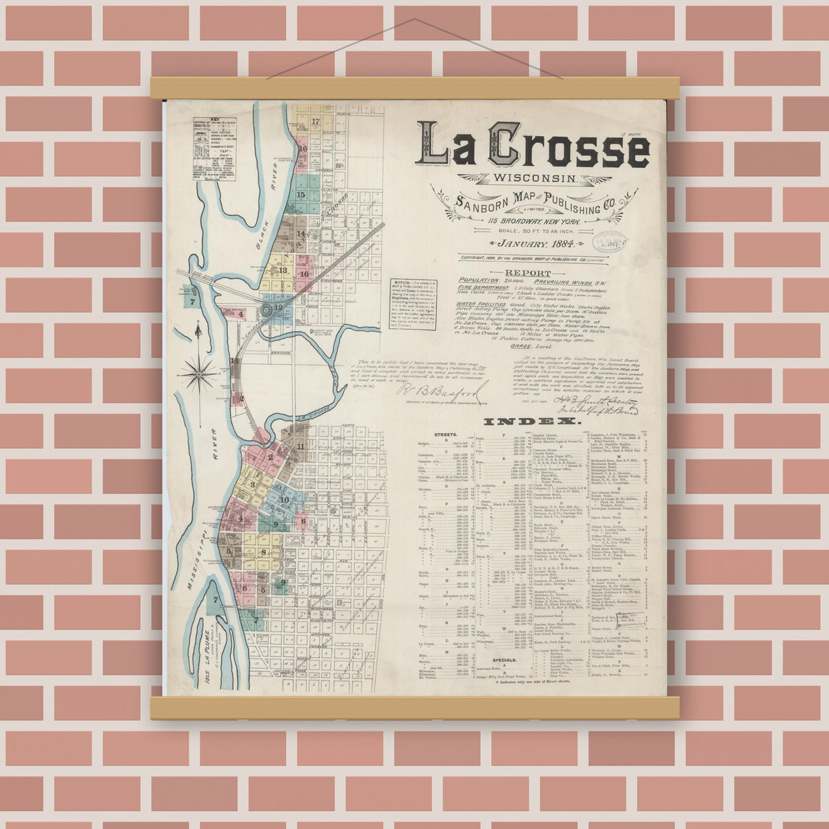 Old map wall art mockup — magnetic wood frame on brick wall — Sanborn Fire Insurance Map from La Crosse, La Crosse County, Wisconsin (1884), Sheet #0001