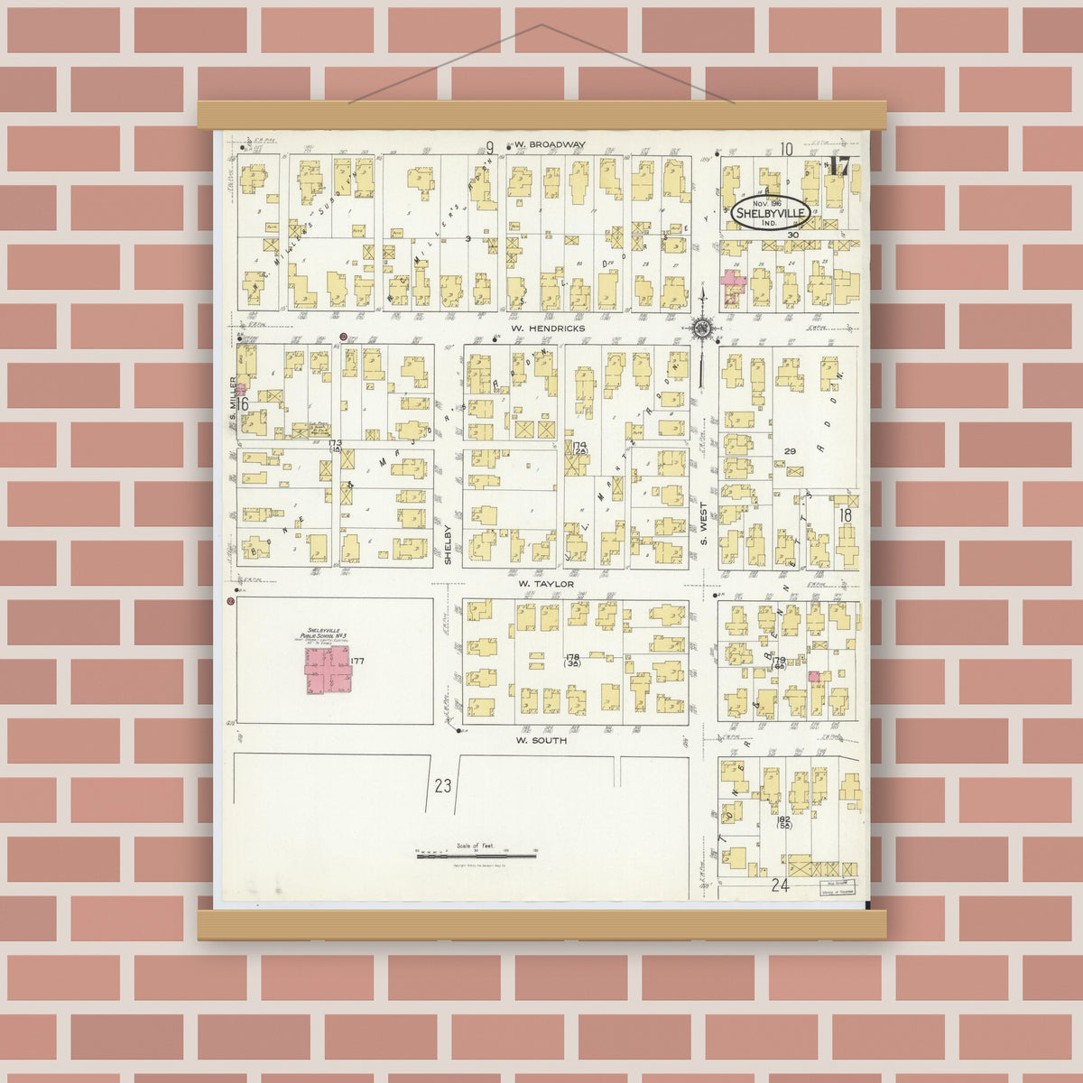Old map wall art mockup — magnetic wood frame on brick wall — Sanborn Fire Insurance Map from Shelbyville, Shelby County, Indiana (1916), Sheet #0017