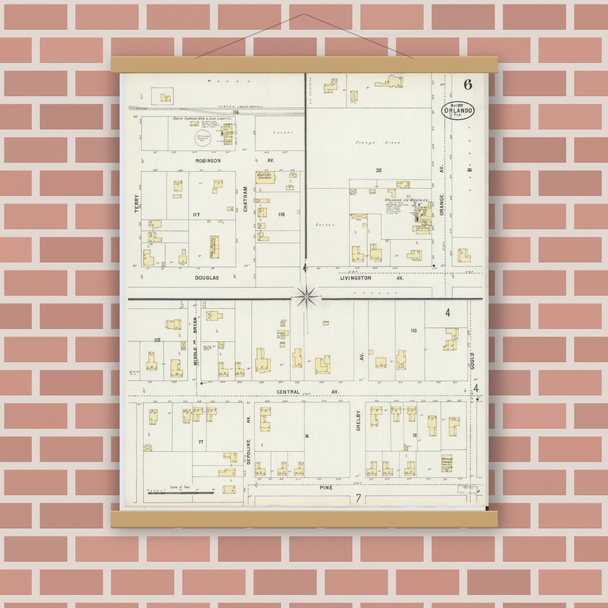 Old map wall art mockup — magnetic wood frame on brick wall — Sanborn Fire Insurance Map from Orlando, Orange County, Florida (1897), Sheet #0006