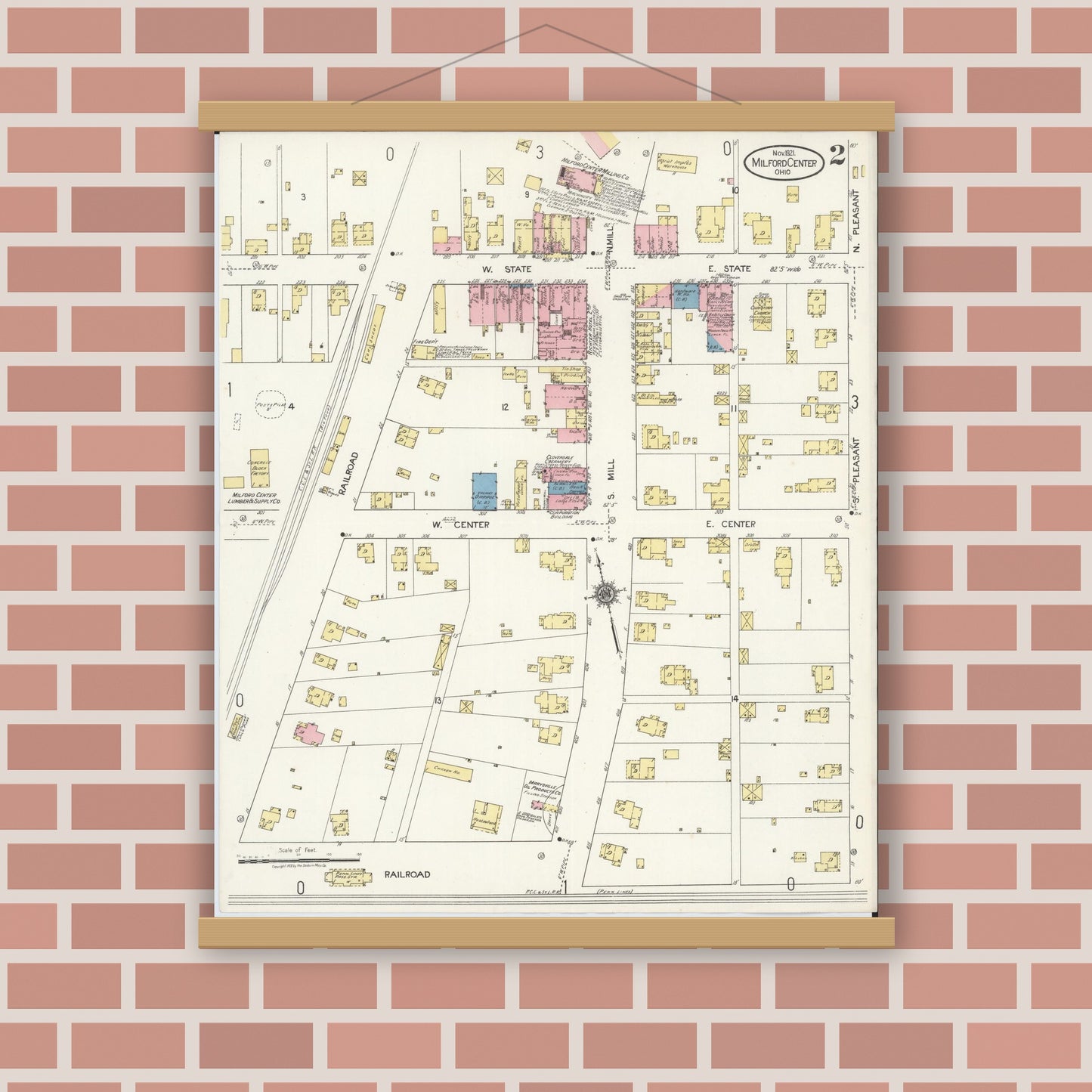Old map wall art mockup — magnetic wood frame on brick wall — Sanborn Fire Insurance Map from Milford Center, Union County, Ohio (1921), Sheet #0002