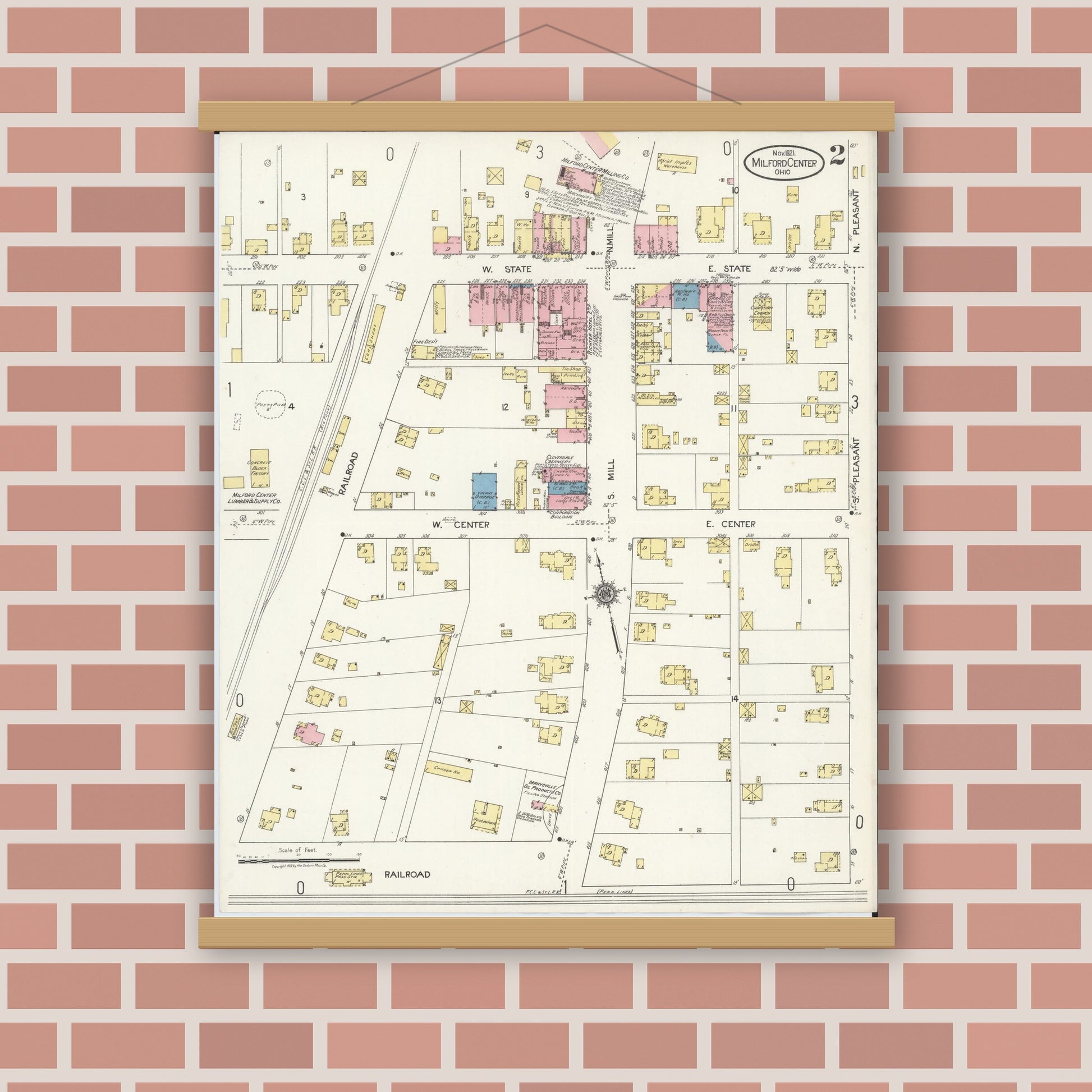 Old map wall art mockup — magnetic wood frame on brick wall — Sanborn Fire Insurance Map from Milford Center, Union County, Ohio (1921), Sheet #0002