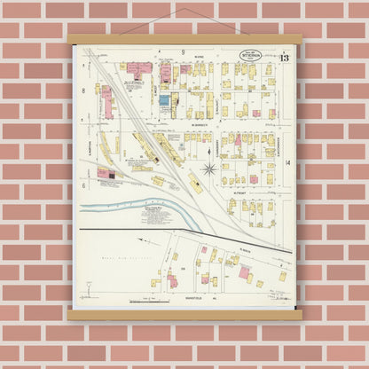 Old map wall art mockup — magnetic wood frame on brick wall — Sanborn Fire Insurance Map from Mount Vernon, Knox County, Ohio (1907), Sheet #0013