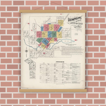 Old map wall art mockup — magnetic wood frame on brick wall — Sanborn Fire Insurance Map from Dowagiac, Cass County, Michigan (1922), Sheet #0001
