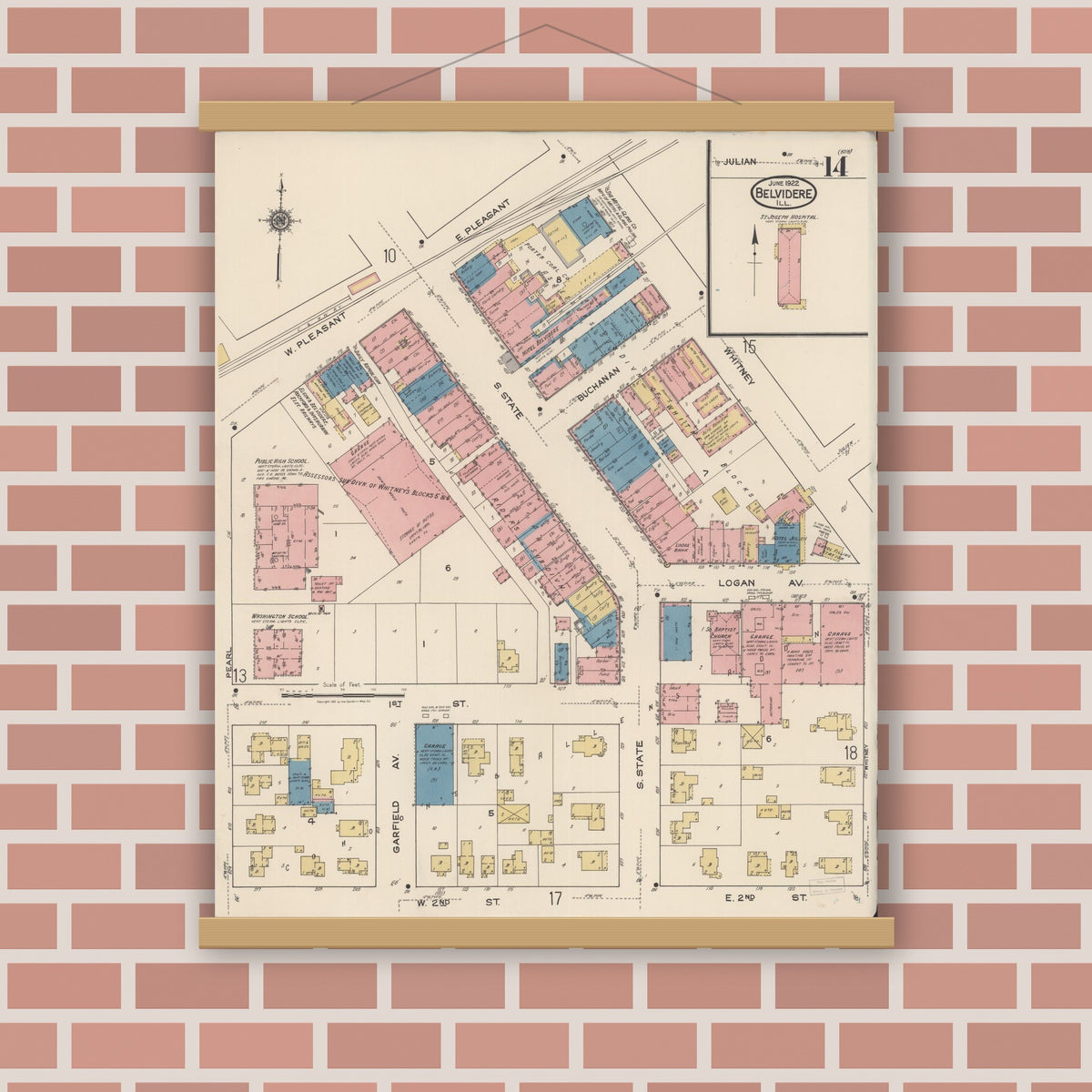 Old map wall art mockup — magnetic wood frame on brick wall — Sanborn Fire Insurance Map from Belvidere, Boone County, Illinois (1922), Sheet #0014