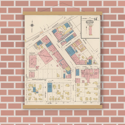 Old map wall art mockup — magnetic wood frame on brick wall — Sanborn Fire Insurance Map from Belvidere, Boone County, Illinois (1922), Sheet #0014