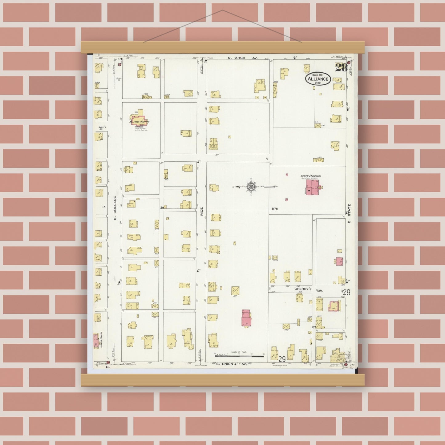 Old map wall art mockup — magnetic wood frame on brick wall — Sanborn Fire Insurance Map from Alliance, Stark County, Ohio (1911), Sheet #0028