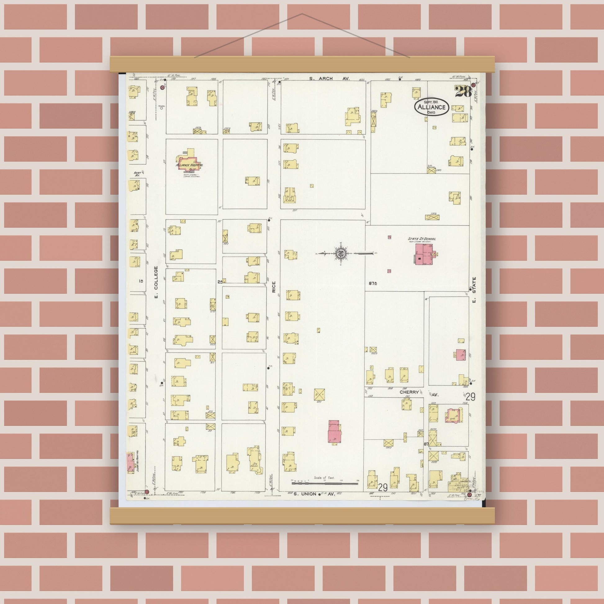 Old map wall art mockup — magnetic wood frame on brick wall — Sanborn Fire Insurance Map from Alliance, Stark County, Ohio (1911), Sheet #0028