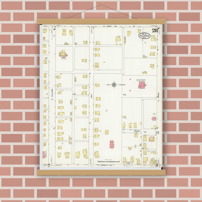 Old map wall art mockup — magnetic wood frame on brick wall — Sanborn Fire Insurance Map from Alliance, Stark County, Ohio (1911), Sheet #0028