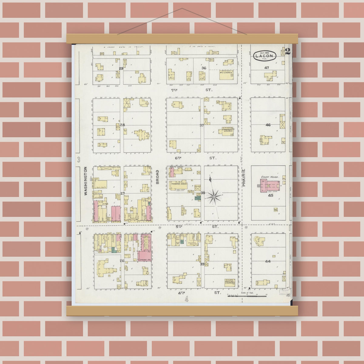 Old map wall art mockup — magnetic wood frame on brick wall — Sanborn Fire Insurance Map from Lacon, Marshall County, Illinois (1893), Sheet #0002
