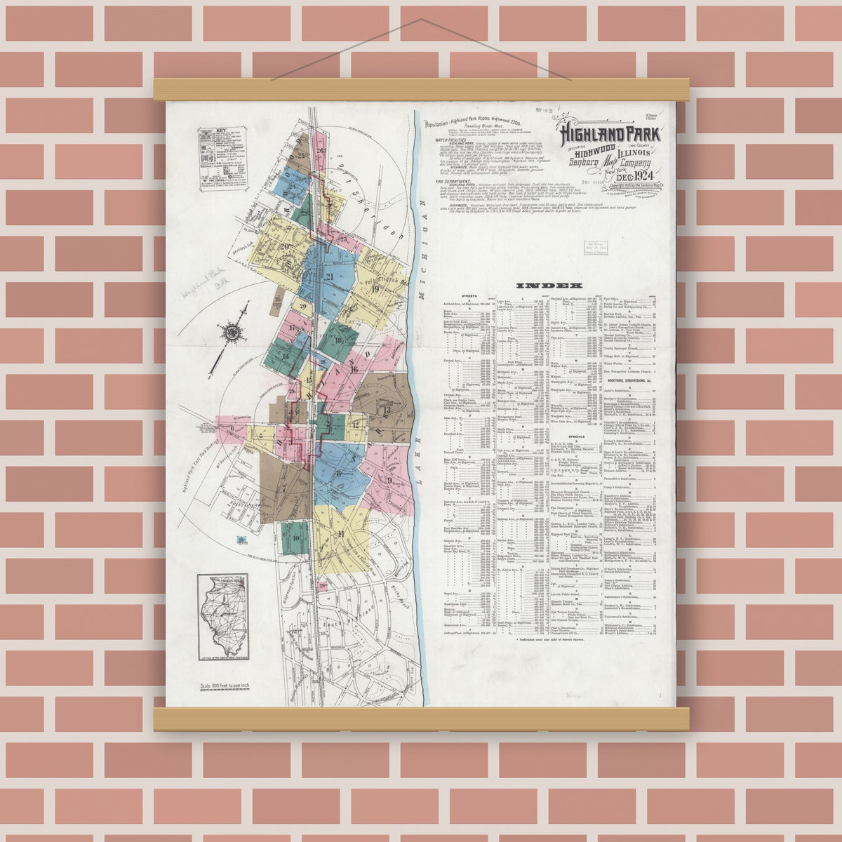 Old map wall art mockup — magnetic wood frame on brick wall — Sanborn Fire Insurance Map from Highland Park, Lake County, Illinois (1924), Sheet #0001
