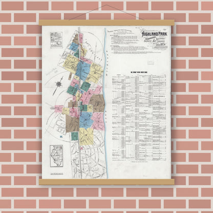 Old map wall art mockup — magnetic wood frame on brick wall — Sanborn Fire Insurance Map from Highland Park, Lake County, Illinois (1924), Sheet #0001
