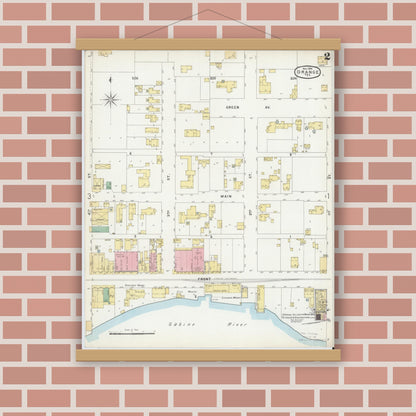 Old map wall art mockup — magnetic wood frame on brick wall — Sanborn Fire Insurance Map from Orange, Orange County, Texas (1896), Sheet #0002