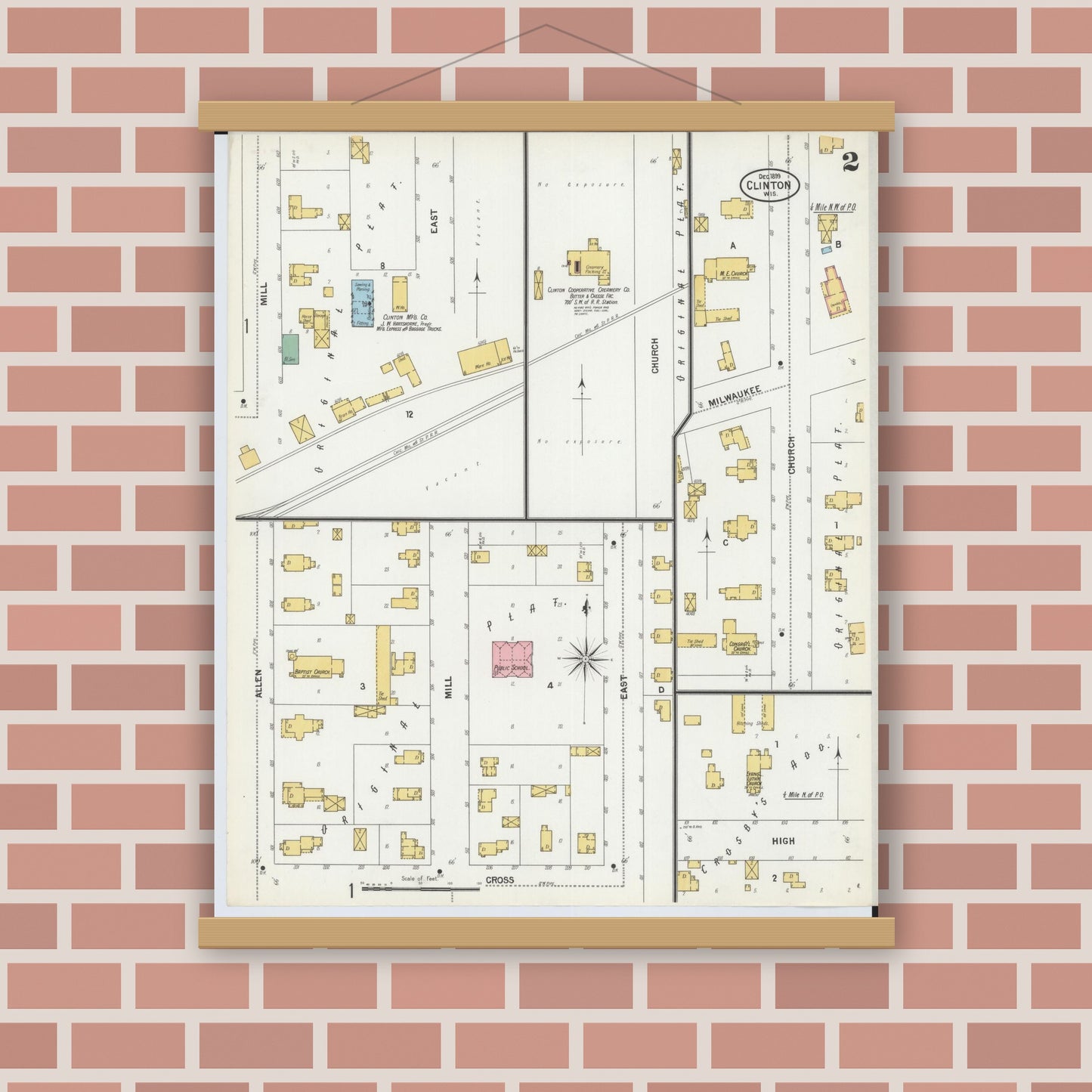 Old map wall art mockup — magnetic wood frame on brick wall — Sanborn Fire Insurance Map from Clinton, Rock County, Wisconsin (1899), Sheet #0002