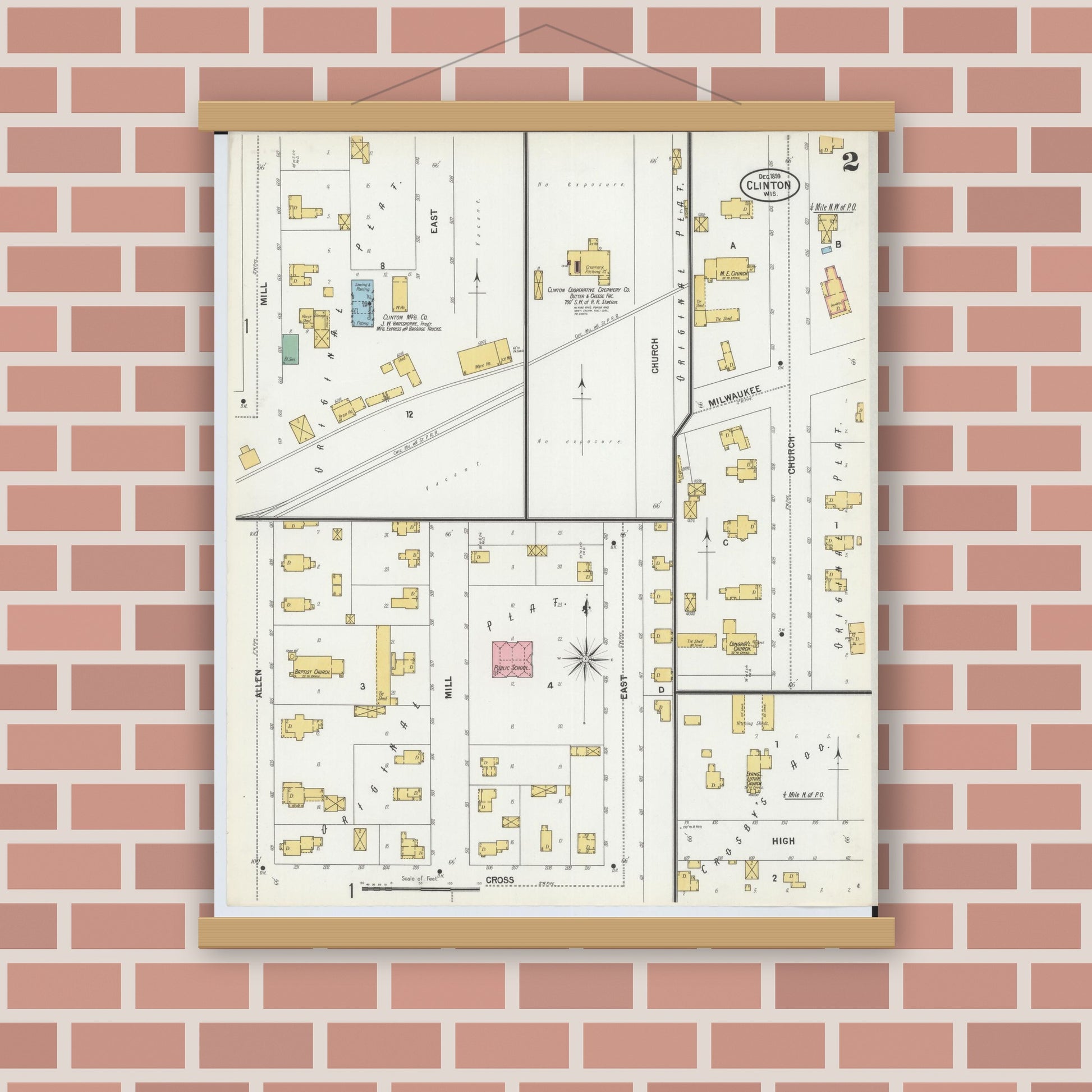 Old map wall art mockup — magnetic wood frame on brick wall — Sanborn Fire Insurance Map from Clinton, Rock County, Wisconsin (1899), Sheet #0002