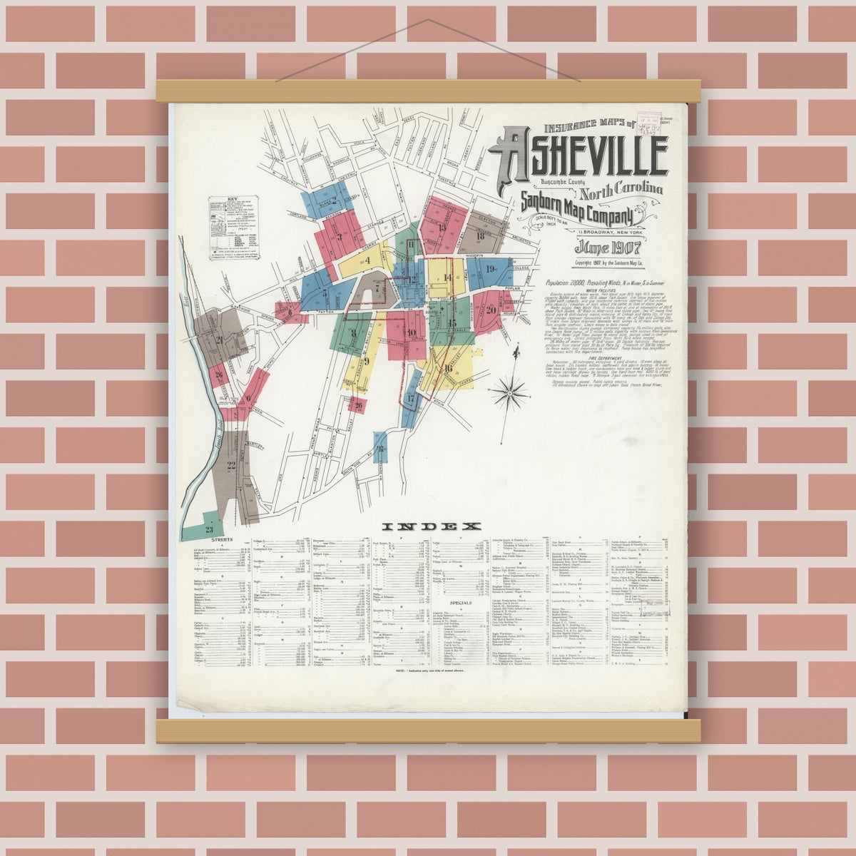 Old map wall art mockup — magnetic wood frame on brick wall — Sanborn Fire Insurance Map from Asheville, Buncombe County, North Carolina (1907) - Complete Map Set