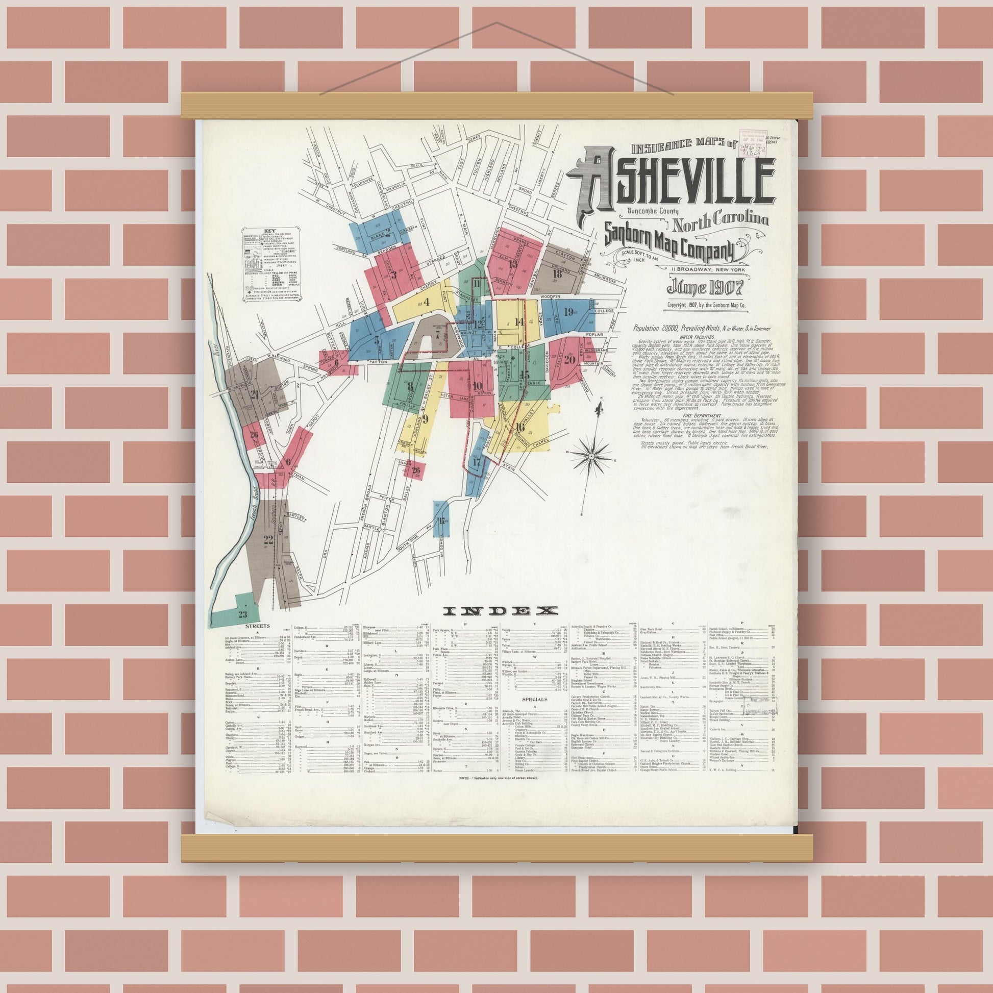 Old map wall art mockup — magnetic wood frame on brick wall — Sanborn Fire Insurance Map from Asheville, Buncombe County, North Carolina (1907) - Complete Map Set