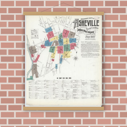 Old map wall art mockup — magnetic wood frame on brick wall — Sanborn Fire Insurance Map from Asheville, Buncombe County, North Carolina (1907) - Complete Map Set