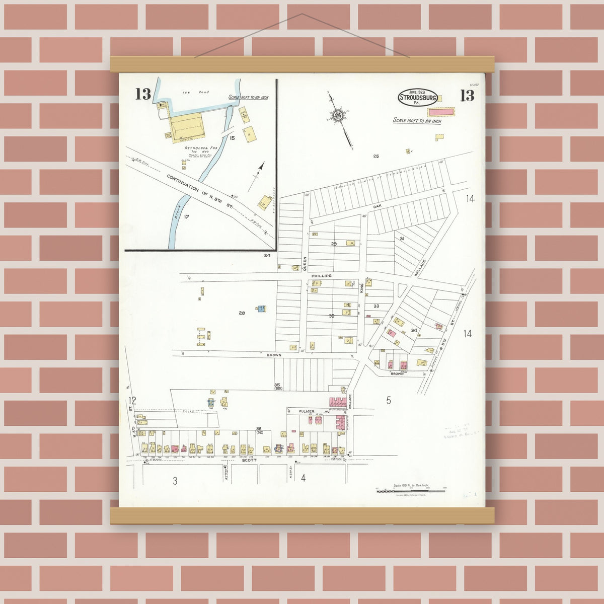 Old map wall art mockup — magnetic wood frame on brick wall — Sanborn Fire Insurance Map from Stroudsburg, Monroe County, Pennsylvania (1923), Sheet #0013