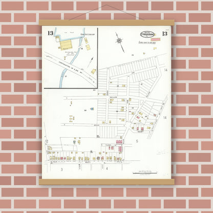 Old map wall art mockup — magnetic wood frame on brick wall — Sanborn Fire Insurance Map from Stroudsburg, Monroe County, Pennsylvania (1923), Sheet #0013