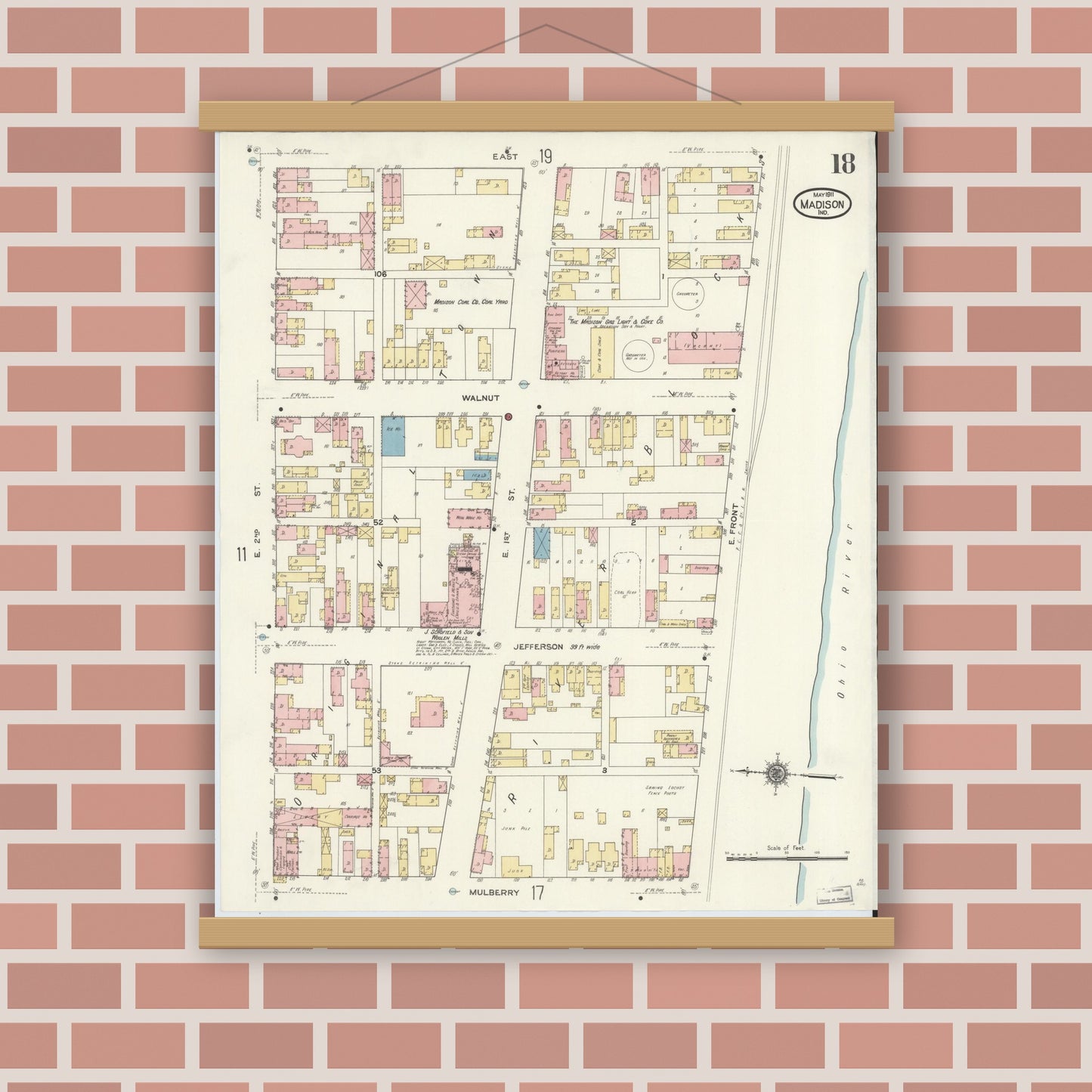 Old map wall art mockup — magnetic wood frame on brick wall — Sanborn Fire Insurance Map from Madison, Jefferson County, Indiana (1911), Sheet #0018
