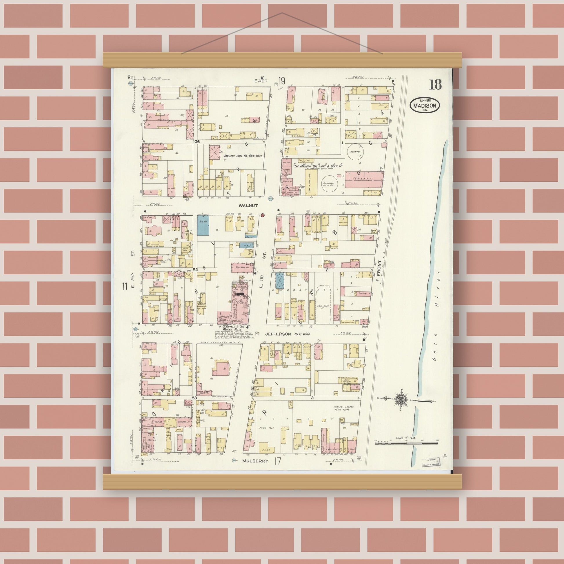 Old map wall art mockup — magnetic wood frame on brick wall — Sanborn Fire Insurance Map from Madison, Jefferson County, Indiana (1911), Sheet #0018