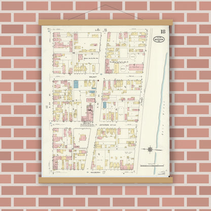 Old map wall art mockup — magnetic wood frame on brick wall — Sanborn Fire Insurance Map from Madison, Jefferson County, Indiana (1911), Sheet #0018