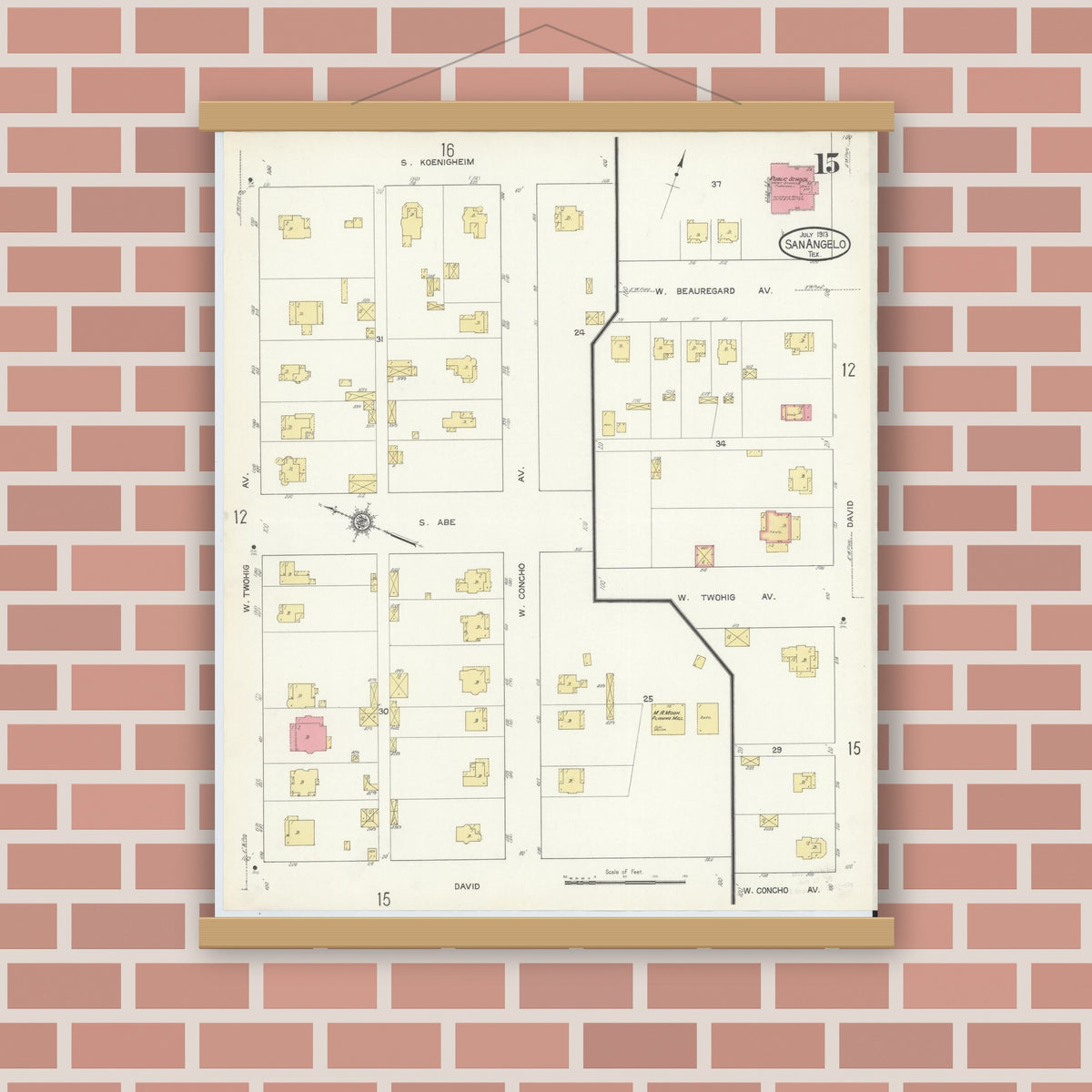 Old map wall art mockup — magnetic wood frame on brick wall — Sanborn Fire Insurance Map from San Angelo, Tom Green County, Texas (1913), Sheet #0015