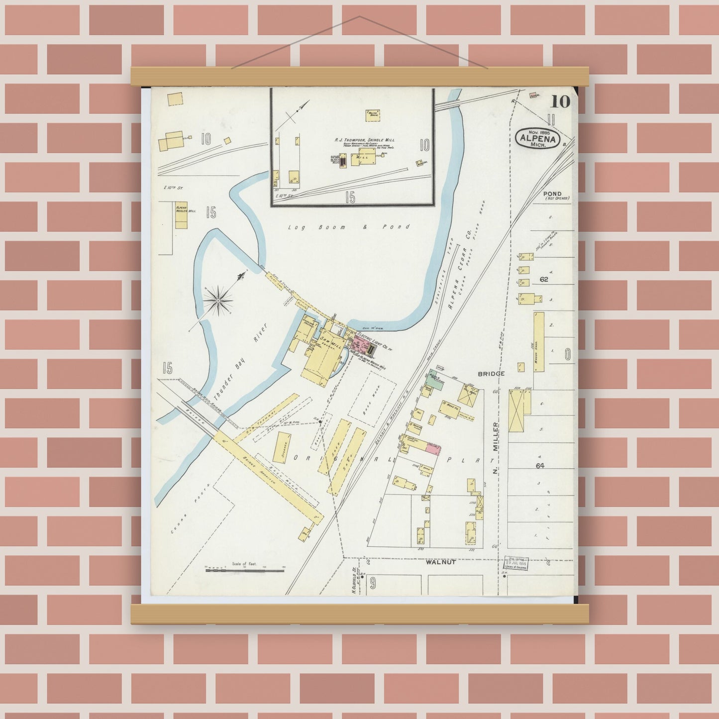Old map wall art mockup — magnetic wood frame on brick wall — Sanborn Fire Insurance Map from Alpena, Alpena County, Michigan (1895), Sheet #0010