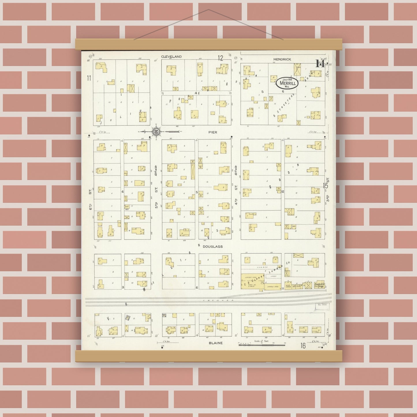 Old map wall art mockup — magnetic wood frame on brick wall — Sanborn Fire Insurance Map from Merrill, Lincoln County, Wisconsin (1913), Sheet #0014