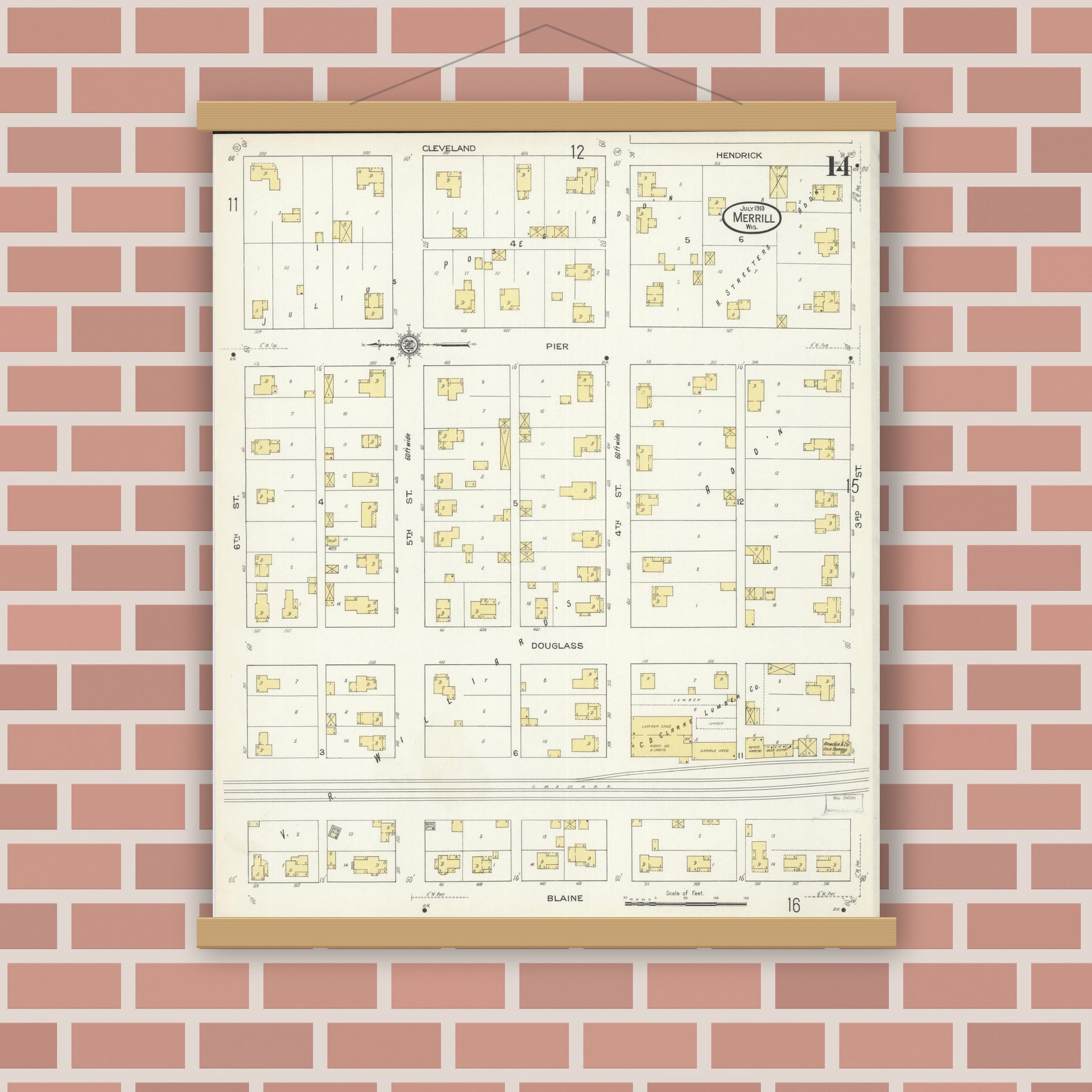 Old map wall art mockup — magnetic wood frame on brick wall — Sanborn Fire Insurance Map from Merrill, Lincoln County, Wisconsin (1913), Sheet #0014