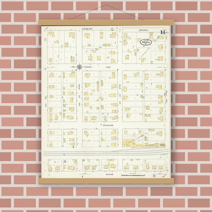 Old map wall art mockup — magnetic wood frame on brick wall — Sanborn Fire Insurance Map from Merrill, Lincoln County, Wisconsin (1913), Sheet #0014