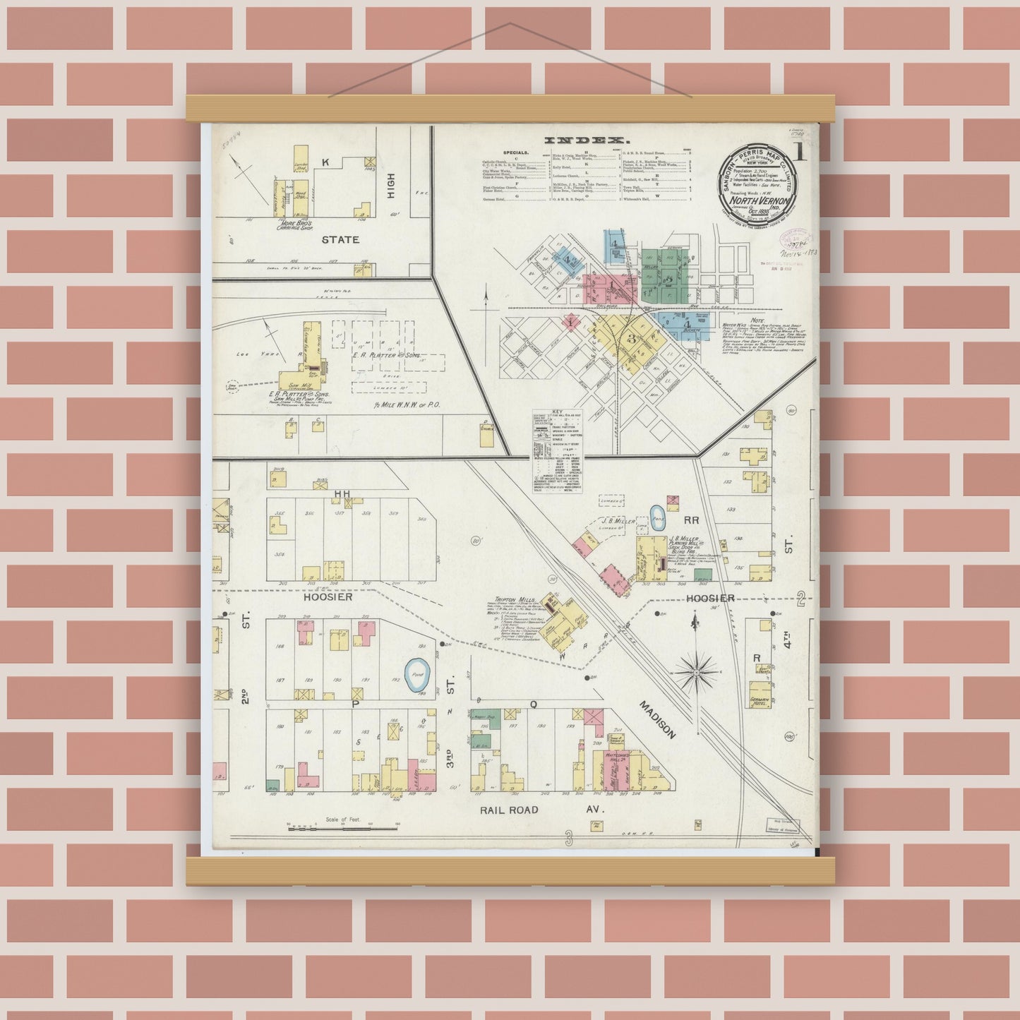 Old map wall art mockup — magnetic wood frame on brick wall — Sanborn Fire Insurance Map from North Vernon, Jennings County, Indiana (1893) - Complete Map Set