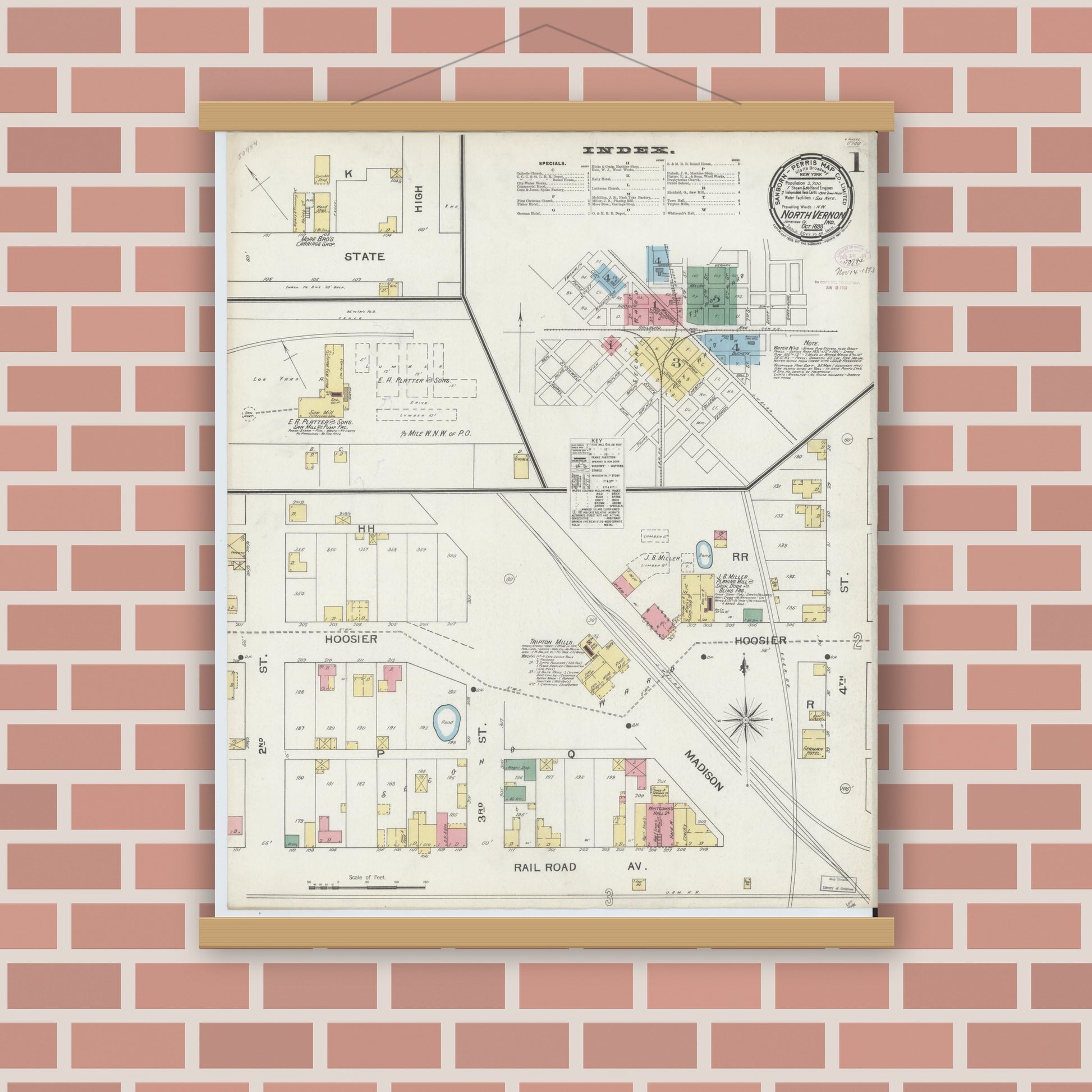 Old map wall art mockup — magnetic wood frame on brick wall — Sanborn Fire Insurance Map from North Vernon, Jennings County, Indiana (1893) - Complete Map Set