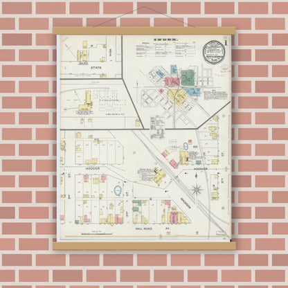 Old map wall art mockup — magnetic wood frame on brick wall — Sanborn Fire Insurance Map from North Vernon, Jennings County, Indiana (1893) - Complete Map Set