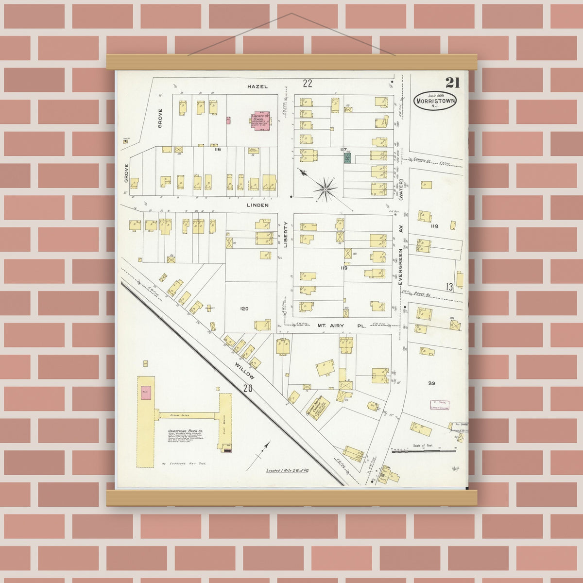 Old map wall art mockup — magnetic wood frame on brick wall — Sanborn Fire Insurance Map from Morristown, Morris County, New Jersey (1909), Sheet #0021