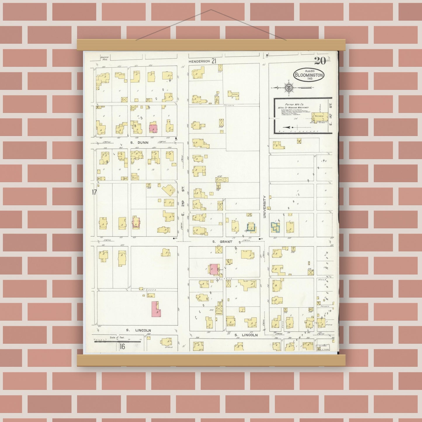 Old map wall art mockup — magnetic wood frame on brick wall — Sanborn Fire Insurance Map from Bloomington, Monroe County, Indiana (1913), Sheet #0020