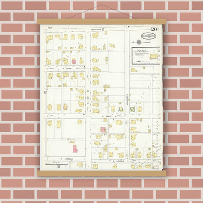 Old map wall art mockup — magnetic wood frame on brick wall — Sanborn Fire Insurance Map from Bloomington, Monroe County, Indiana (1913), Sheet #0020