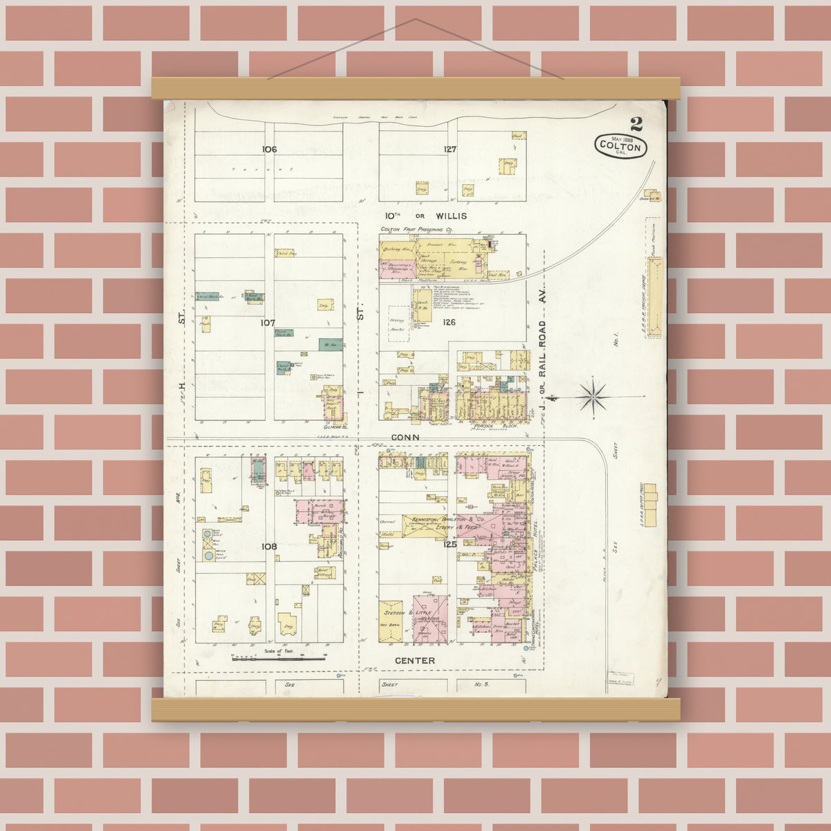 Old map wall art mockup — magnetic wood frame on brick wall — Sanborn Fire Insurance Map from Colton, San Bernardino County, California (1888), Sheet #0002