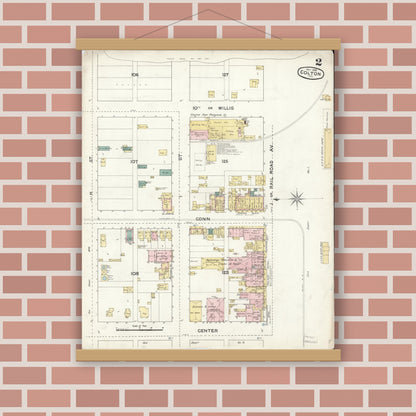 Old map wall art mockup — magnetic wood frame on brick wall — Sanborn Fire Insurance Map from Colton, San Bernardino County, California (1888), Sheet #0002