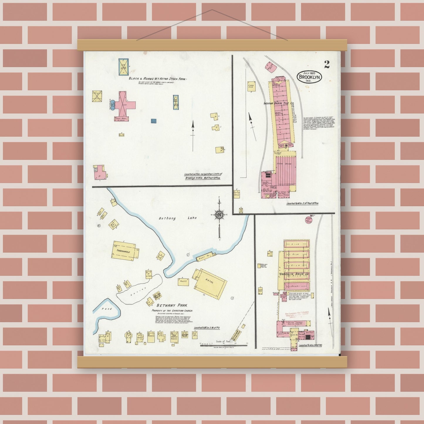 Old map wall art mockup — magnetic wood frame on brick wall — Sanborn Fire Insurance Map from Brooklyn, Morgan County, Indiana (1920), Sheet #0002