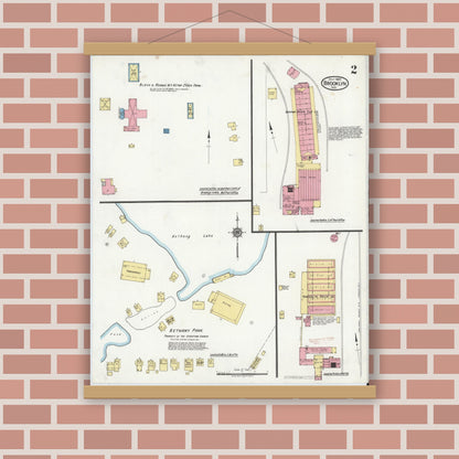 Old map wall art mockup — magnetic wood frame on brick wall — Sanborn Fire Insurance Map from Brooklyn, Morgan County, Indiana (1920), Sheet #0002