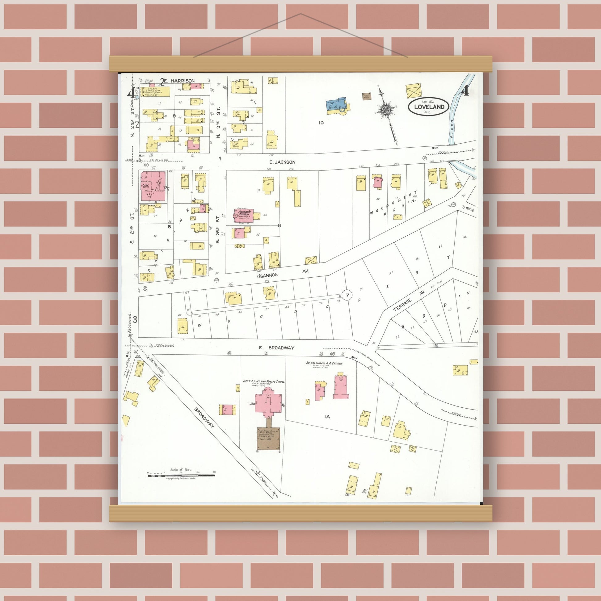 Old map wall art mockup — magnetic wood frame on brick wall — Sanborn Fire Insurance Map from Loveland, Clermont, Hamilton, And Warren County, Ohio (1923), Sheet #0004