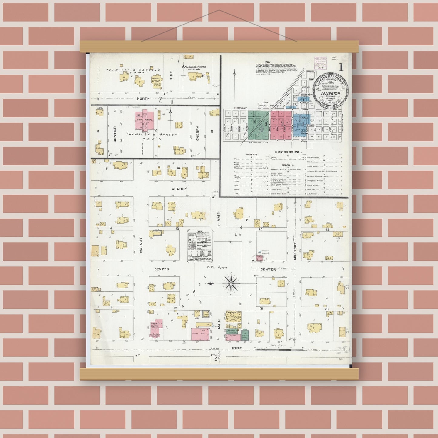 Old map wall art mockup — magnetic wood frame on brick wall — Sanborn Fire Insurance Map from Lexington, McLean County, Illinois (1906), Sheet #0001