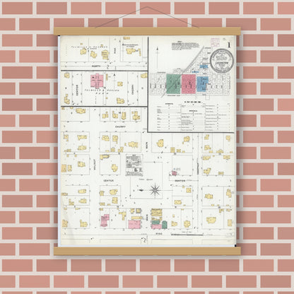Old map wall art mockup — magnetic wood frame on brick wall — Sanborn Fire Insurance Map from Lexington, McLean County, Illinois (1906), Sheet #0001