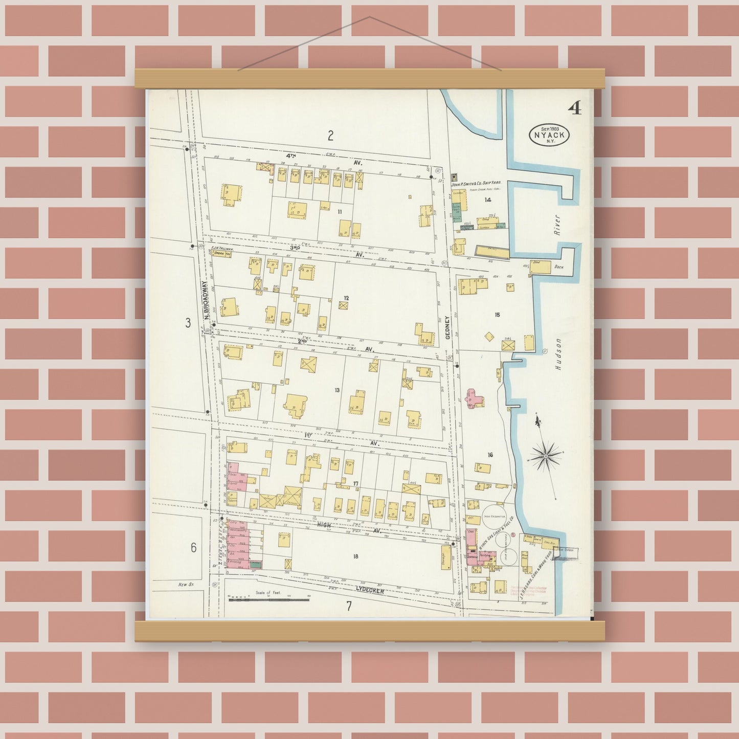 Old map wall art mockup — magnetic wood frame on brick wall — Sanborn Fire Insurance Map from Nyack, Rockland County, New York. (1903), Sheet #0004