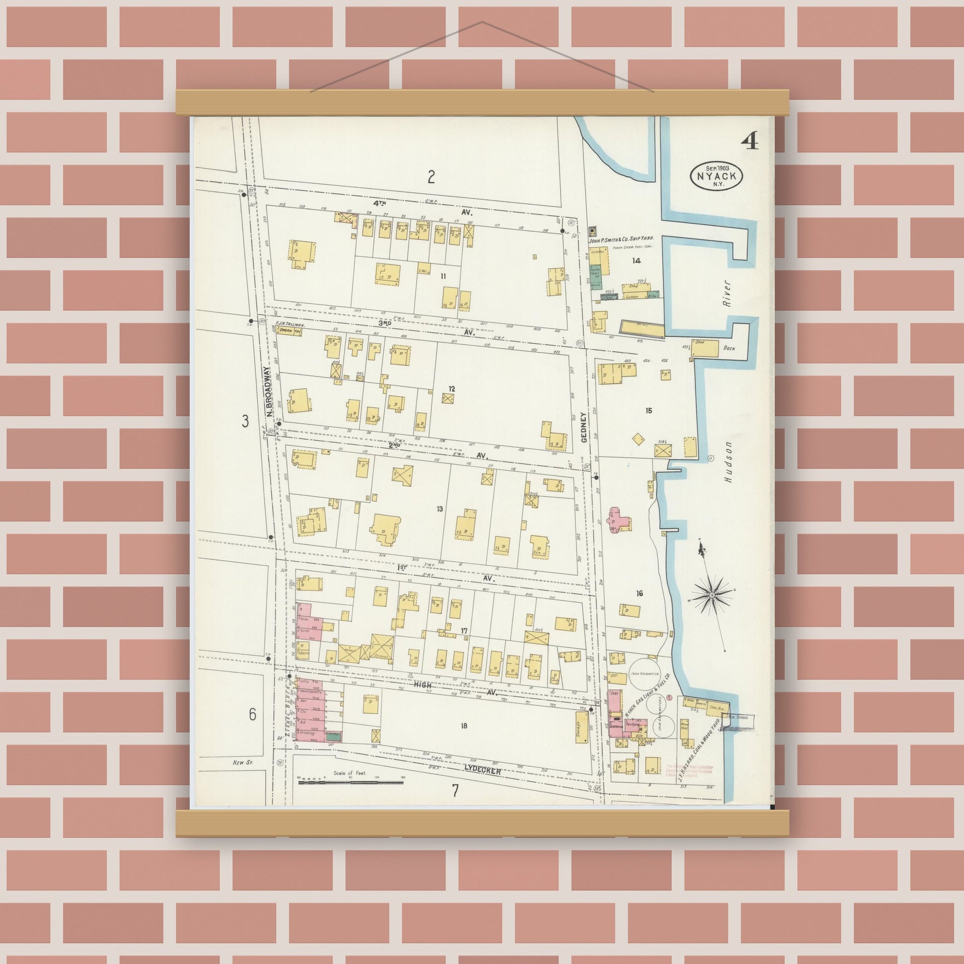 Old map wall art mockup — magnetic wood frame on brick wall — Sanborn Fire Insurance Map from Nyack, Rockland County, New York. (1903), Sheet #0004