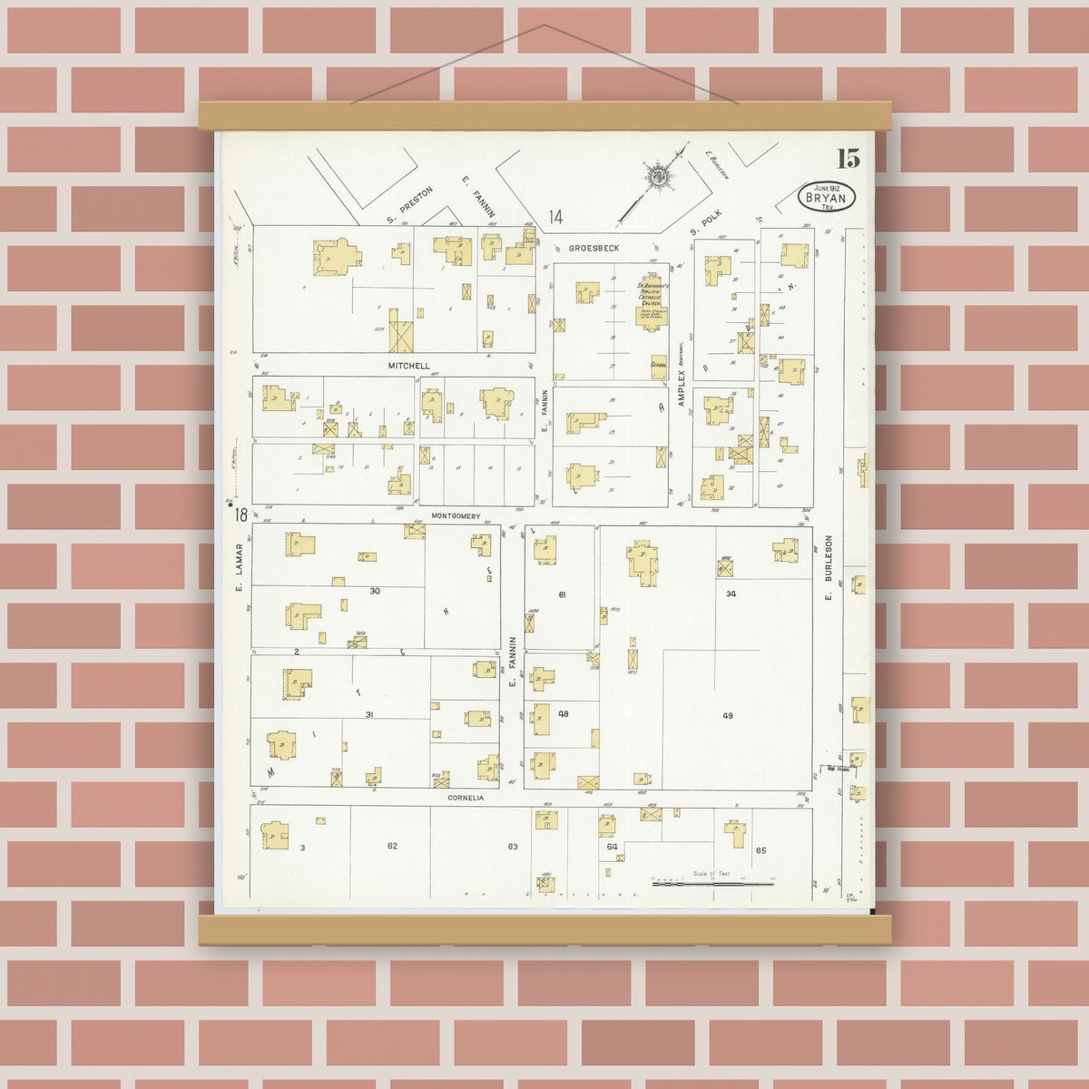 Old map wall art mockup — magnetic wood frame on brick wall — Sanborn Fire Insurance Map from Bryan, Brazos County, Texas (1912), Sheet #0015