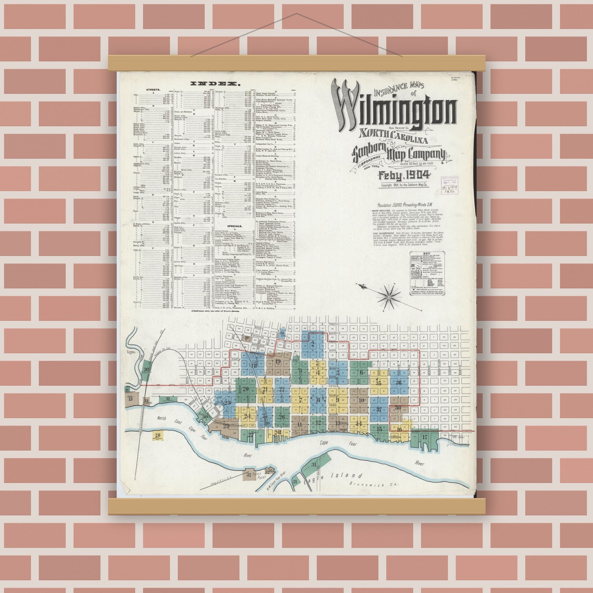Old map wall art mockup — magnetic wood frame on brick wall — Sanborn Fire Insurance Map from Wilmington, New Hanover County, North Carolina (1904) - Complete Map Set