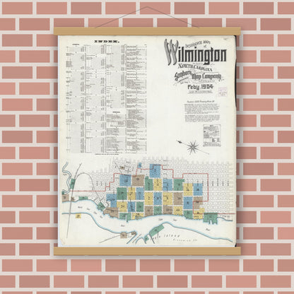Old map wall art mockup — magnetic wood frame on brick wall — Sanborn Fire Insurance Map from Wilmington, New Hanover County, North Carolina (1904) - Complete Map Set